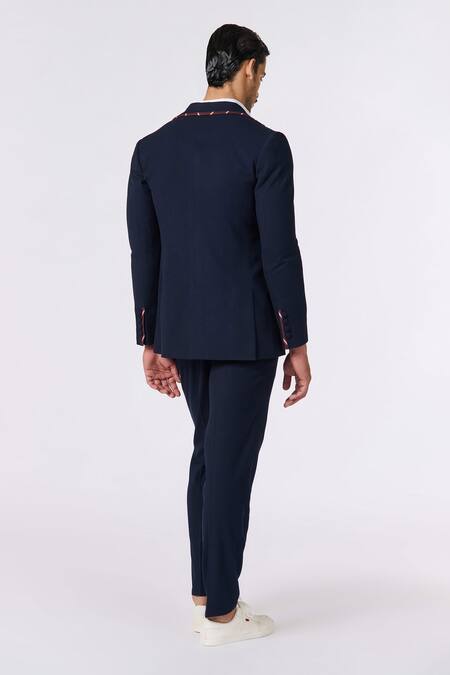 Shop S&N By Shantnu Nikhil Blue Wool, Viscose, Polyester Embroidery Crest Textured Jacket at Aza Fashions Shop_S&N By Shantnu Nikhil_Blue Wool, Viscose, Polyester Embroidery Crest Textured Jacket_at_Aza_Fashions