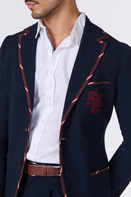 S&N By Shantnu Nikhil Blue Wool, Viscose, Polyester Embroidery Crest Textured Jacket Online at Aza Fashions S&N By Shantnu Nikhil_Blue Wool, Viscose, Polyester Embroidery Crest Textured Jacket_Online_at_Aza_Fashions