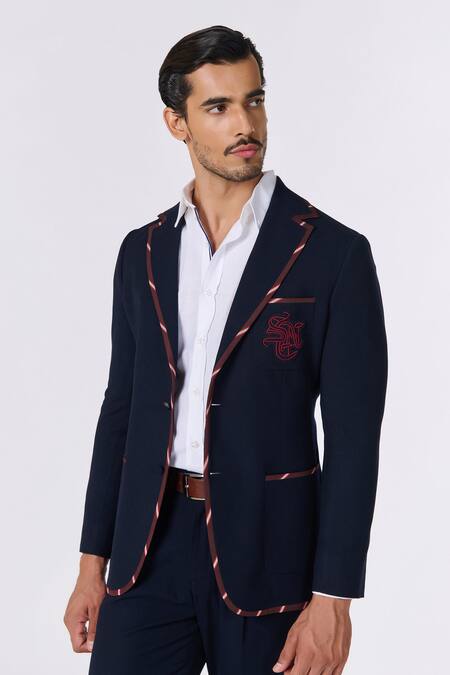 Buy S&N By Shantnu Nikhil Blue Wool, Viscose, Polyester Embroidery Crest Textured Jacket Online at Aza Fashions Buy_S&N By Shantnu Nikhil_Blue Wool, Viscose, Polyester Embroidery Crest Textured Jacket_Online_at_Aza_Fashions