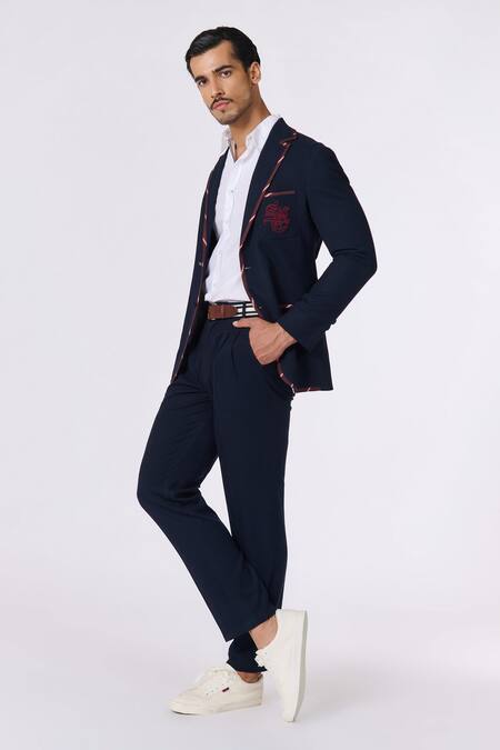 Shop S&N By Shantnu Nikhil Blue Wool, Viscose, Polyester Embroidery Crest Textured Jacket Online at Aza Fashions Shop_S&N By Shantnu Nikhil_Blue Wool, Viscose, Polyester Embroidery Crest Textured Jacket_Online_at_Aza_Fashions