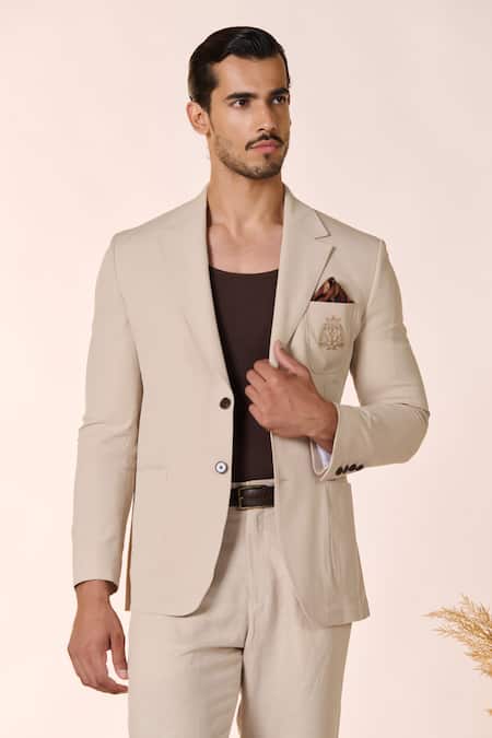 Buy S&N By Shantnu Nikhil Beige Rayon, Polyester Embroidery Crest Jacket Online at Aza Fashions Buy_S&N By Shantnu Nikhil_Beige Rayon, Polyester Embroidery Crest Jacket_Online_at_Aza_Fashions