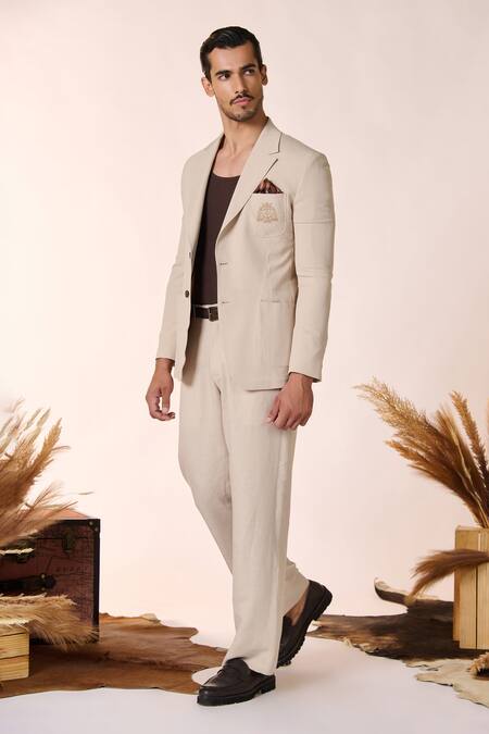 Shop S&N By Shantnu Nikhil Beige Rayon, Polyester Embroidery Crest Jacket Online at Aza Fashions Shop_S&N By Shantnu Nikhil_Beige Rayon, Polyester Embroidery Crest Jacket_Online_at_Aza_Fashions