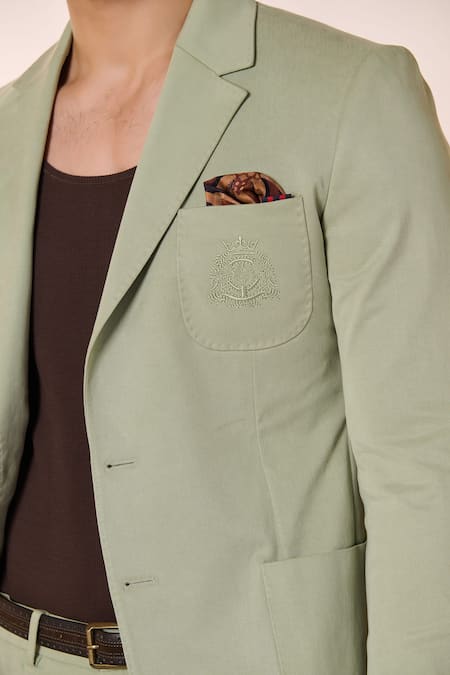 S&N By Shantnu Nikhil Green Cotton, Spandex, Tencel Embroidery Logo Crest Jacket Online at Aza Fashions S&N By Shantnu Nikhil_Green Cotton, Spandex, Tencel Embroidery Logo Crest Jacket_Online_at_Aza_Fashions