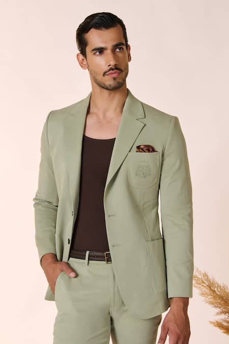 Buy S&N By Shantnu Nikhil Green Cotton, Spandex, Tencel Embroidery Logo Crest Jacket Online at Aza Fashions Buy_S&N By Shantnu Nikhil_Green Cotton, Spandex, Tencel Embroidery Logo Crest Jacket_Online_at_Aza_Fashions