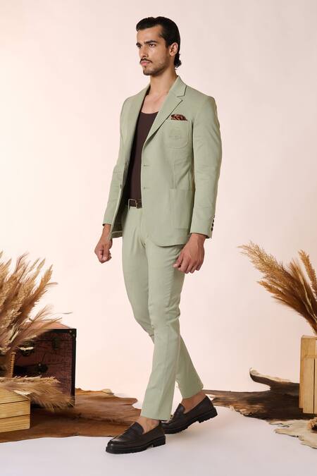 Shop S&N By Shantnu Nikhil Green Cotton, Spandex, Tencel Embroidery Logo Crest Jacket Online at Aza Fashions Shop_S&N By Shantnu Nikhil_Green Cotton, Spandex, Tencel Embroidery Logo Crest Jacket_Online_at_Aza_Fashions