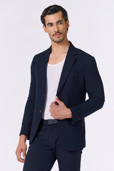 Shop S&N By Shantnu Nikhil Blue Polyester Embroidery Kantha Placement Jacket Online at Aza Fashions Shop_S&N By Shantnu Nikhil_Blue Polyester Embroidery Kantha Placement Jacket_Online_at_Aza_Fashions