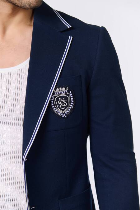 S&N By Shantnu Nikhil_Blue Polyester, Cotton Embroidery Thread Crest Jacket_Online_at_Aza_Fashions
