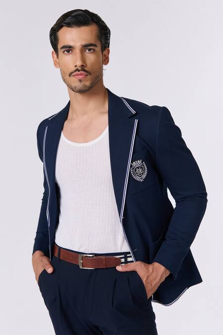Shop_S&N By Shantnu Nikhil_Blue Polyester, Cotton Embroidery Thread Crest Jacket_Online_at_Aza_Fashions