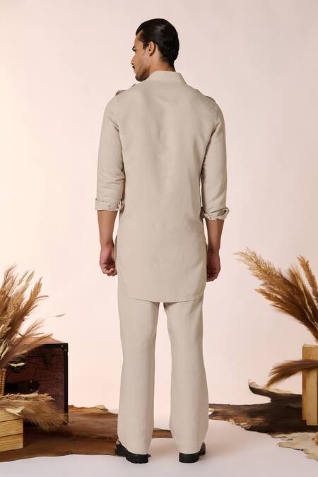 Shop_S&N By Shantnu Nikhil_Beige Linen, Rayon Solid Short Kurta_at_Aza_Fashions