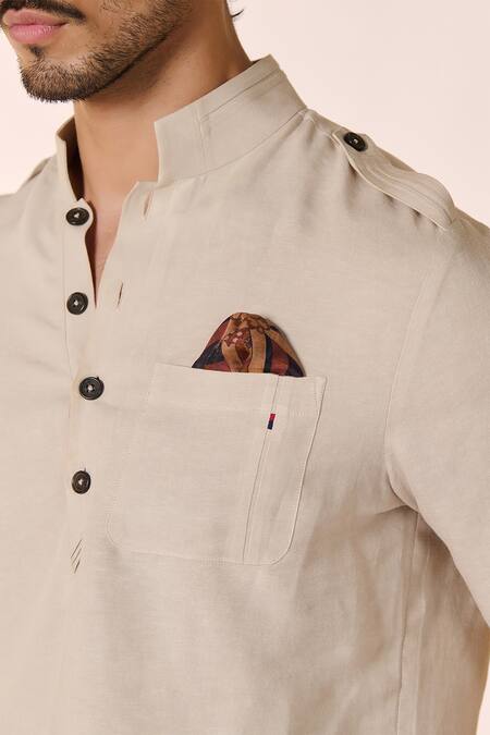 S&N By Shantnu Nikhil_Beige Linen, Rayon Solid Short Kurta_Online_at_Aza_Fashions