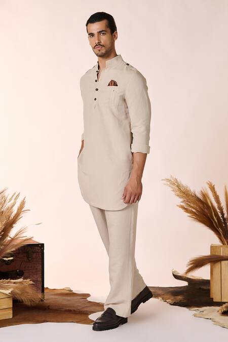 Buy_S&N By Shantnu Nikhil_Beige Linen, Rayon Solid Short Kurta_Online_at_Aza_Fashions