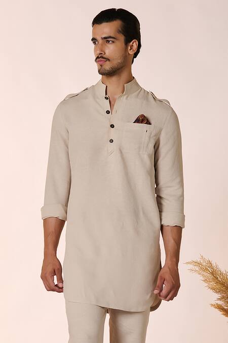Shop_S&N By Shantnu Nikhil_Beige Linen, Rayon Solid Short Kurta_Online_at_Aza_Fashions