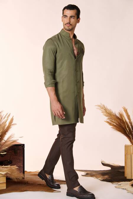 Buy_S&N By Shantnu Nikhil_Green Lycra Embroidery Thread Crest Kurta_Online_at_Aza_Fashions