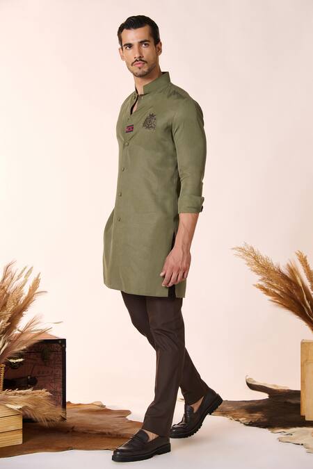 Shop_S&N By Shantnu Nikhil_Green Lycra Embroidery Thread Crest Kurta_Online_at_Aza_Fashions