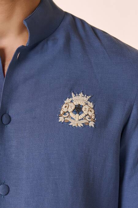 S&N By Shantnu Nikhil_Blue Linen, Rayon Embroidery Crest Kurta_Online_at_Aza_Fashions