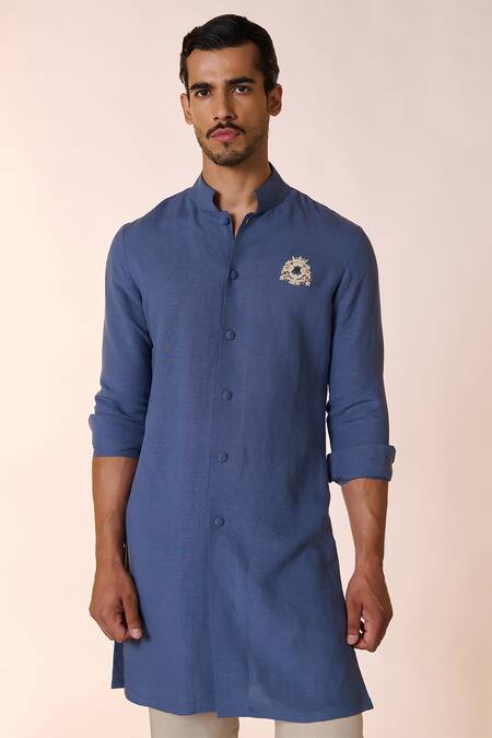Buy_S&N By Shantnu Nikhil_Blue Linen, Rayon Embroidery Crest Kurta_Online_at_Aza_Fashions