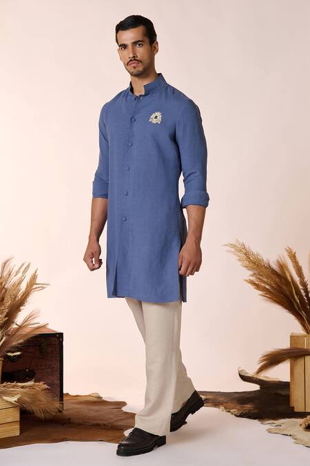 Shop_S&N By Shantnu Nikhil_Blue Linen, Rayon Embroidery Crest Kurta_Online_at_Aza_Fashions