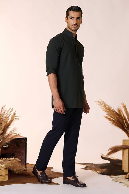 Shop_S&N By Shantnu Nikhil_Green Pashmina Crystals Crest Embellished Collar Kurta_Online_at_Aza_Fashions