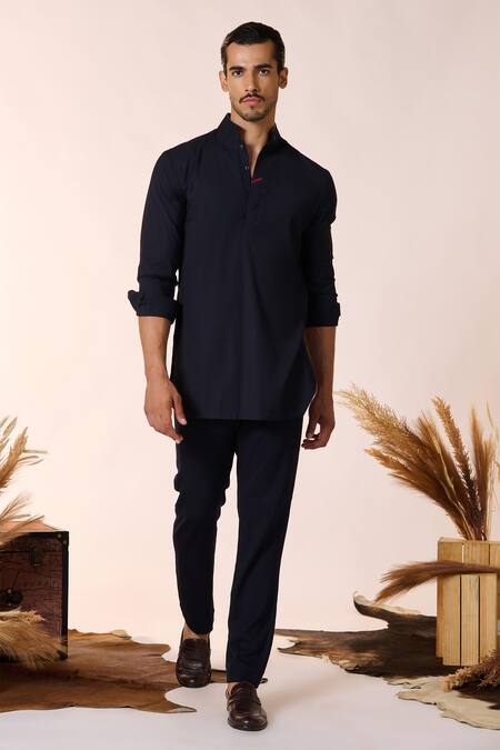 S&N By Shantnu Nikhil_Blue Spandex, Rayon, Terrycloth Embroidery Embellished Crest Collar Kurta_Online_at_Aza_Fashions