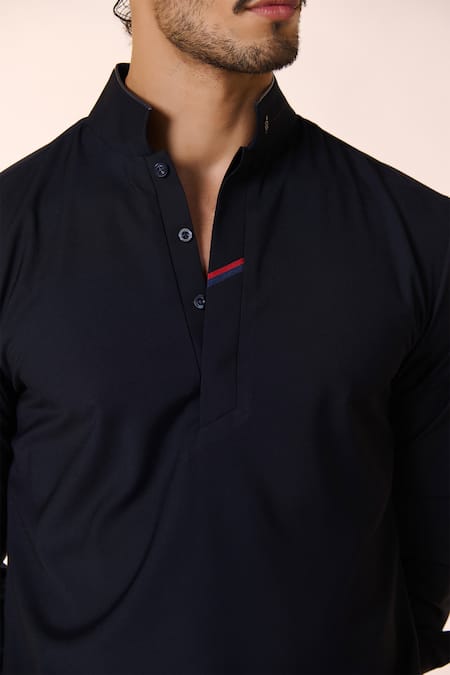 Buy_S&N By Shantnu Nikhil_Blue Spandex, Rayon, Terrycloth Embroidery Embellished Crest Collar Kurta_Online_at_Aza_Fashions