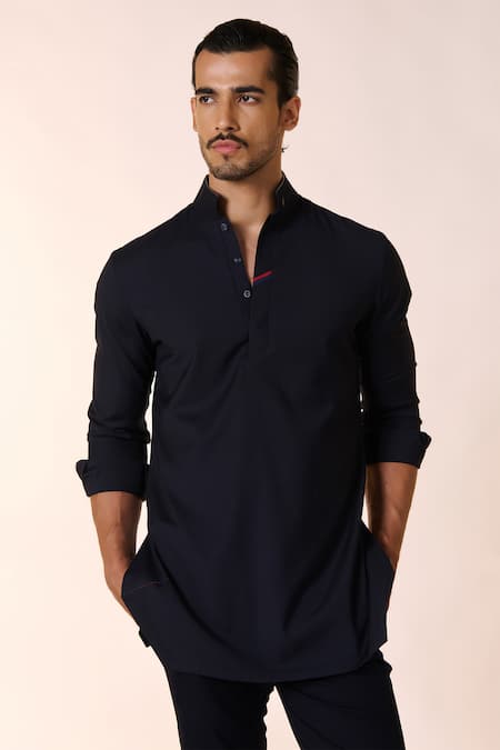 Shop_S&N By Shantnu Nikhil_Blue Spandex, Rayon, Terrycloth Embroidery Embellished Crest Collar Kurta_Online_at_Aza_Fashions