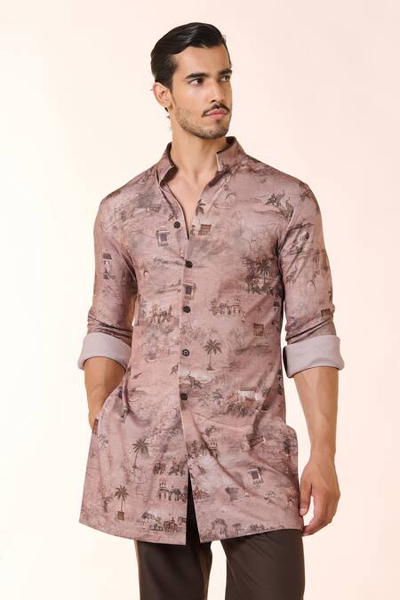 Buy S&N By Shantnu Nikhil Beige Crepe, Jersey Safari Print Kurta Online at Aza Fashions Buy_S&N By Shantnu Nikhil_Beige Crepe, Jersey Safari Print Kurta_Online_at_Aza_Fashions