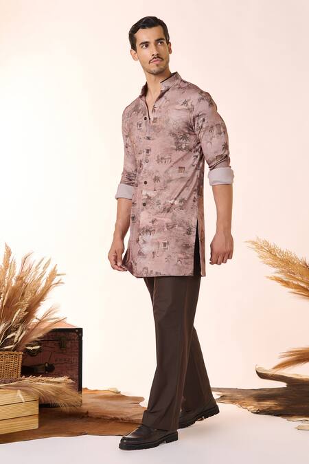 Shop S&N By Shantnu Nikhil Beige Crepe, Jersey Safari Print Kurta Online at Aza Fashions Shop_S&N By Shantnu Nikhil_Beige Crepe, Jersey Safari Print Kurta_Online_at_Aza_Fashions