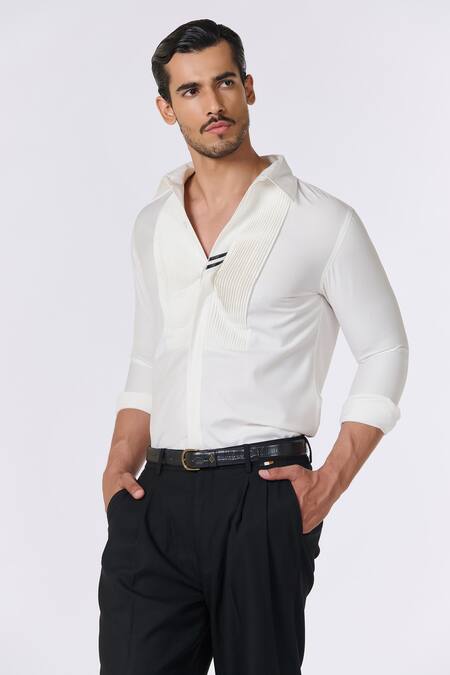 Buy S&N By Shantnu Nikhil White Polyester, Viscose Embroidery Pintuck Placket Shirt Online at Aza Fashions Buy_S&N By Shantnu Nikhil_White Polyester, Viscose Embroidery Pintuck Placket Shirt_Online_at_Aza_Fashions