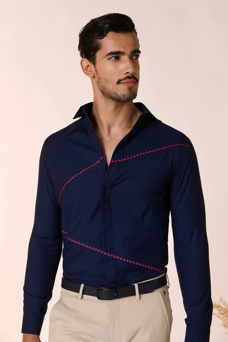 Buy S&N By Shantnu Nikhil Blue Spandex, Rayon, Terrycloth Cut-out Panelled Shirt Online at Aza Fashions Buy_S&N By Shantnu Nikhil_Blue Spandex, Rayon, Terrycloth Cut-out Panelled Shirt_Online_at_Aza_Fashions