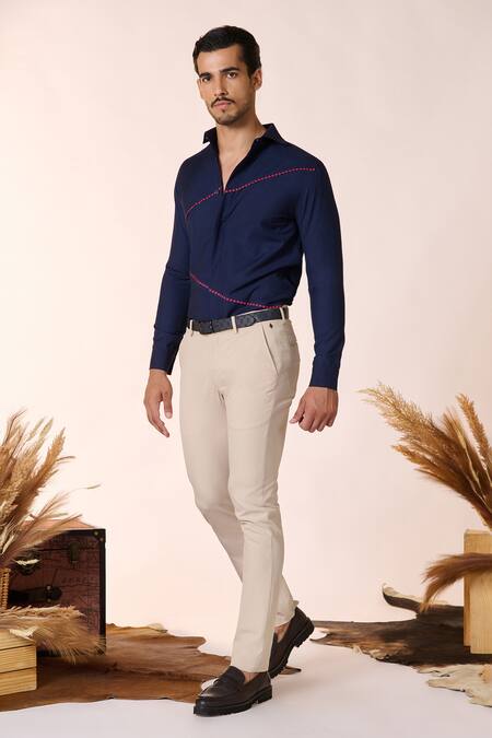 Shop S&N By Shantnu Nikhil Blue Spandex, Rayon, Terrycloth Cut-out Panelled Shirt Online at Aza Fashions Shop_S&N By Shantnu Nikhil_Blue Spandex, Rayon, Terrycloth Cut-out Panelled Shirt_Online_at_Aza_Fashions