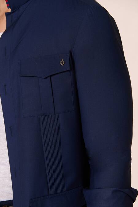 S&N By Shantnu Nikhil Blue Lycra, Viscose, Terrycloth Embroidery Patch Pocket Pintucked Shirt Online at Aza Fashions S&N By Shantnu Nikhil_Blue Lycra, Viscose, Terrycloth Embroidery Patch Pocket Pintucked Shirt_Online_at_Aza_Fashions