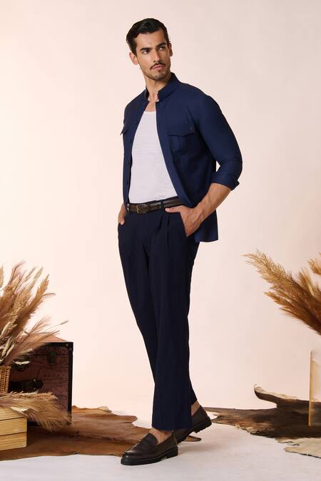 Shop S&N By Shantnu Nikhil Blue Lycra, Viscose, Terrycloth Embroidery Patch Pocket Pintucked Shirt Online at Aza Fashions Shop_S&N By Shantnu Nikhil_Blue Lycra, Viscose, Terrycloth Embroidery Patch Pocket Pintucked Shirt_Online_at_Aza_Fashions