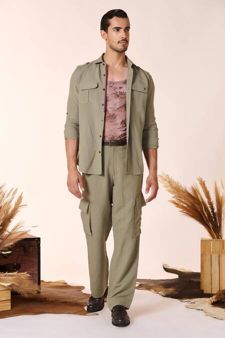 S&N By Shantnu Nikhil_Green Linen, Rayon Embroidery Embellished Flap Pocket Shirt_Online_at_Aza_Fashions