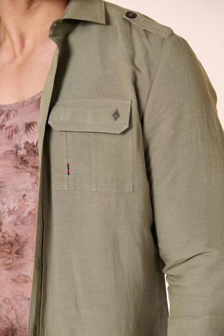 Buy_S&N By Shantnu Nikhil_Green Linen, Rayon Embroidery Embellished Flap Pocket Shirt_Online_at_Aza_Fashions