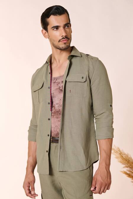 Shop_S&N By Shantnu Nikhil_Green Linen, Rayon Embroidery Embellished Flap Pocket Shirt_Online_at_Aza_Fashions