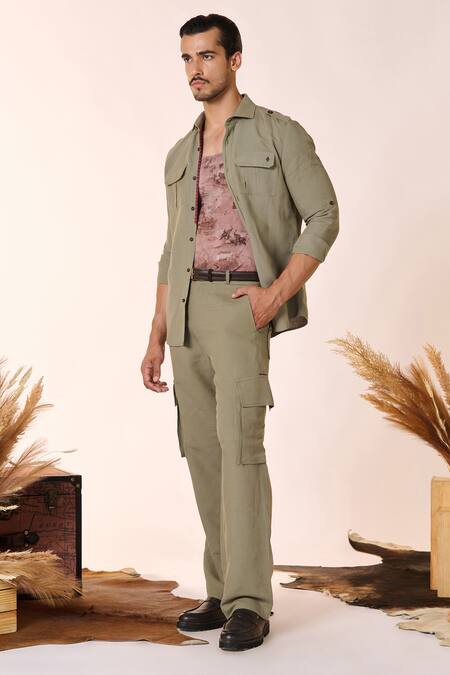 S&N By Shantnu Nikhil_Green Linen, Rayon Embroidery Embellished Flap Pocket Shirt_at_Aza_Fashions