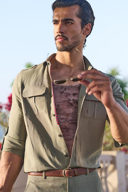 Buy_S&N By Shantnu Nikhil_Green Linen, Rayon Embroidery Embellished Flap Pocket Shirt