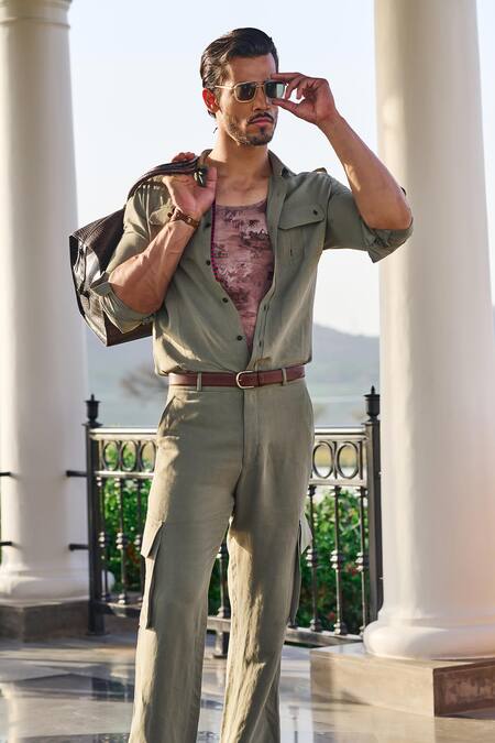 Shop_S&N By Shantnu Nikhil_Green Linen, Rayon Embroidery Embellished Flap Pocket Shirt