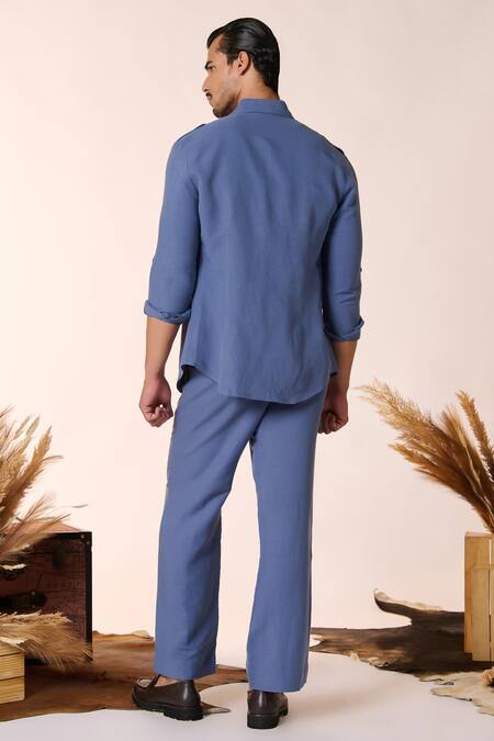 Shop S&N By Shantnu Nikhil Blue Linen, Rayon Embroidery Flap Pocket Shirt at Aza Fashions Shop_S&N By Shantnu Nikhil_Blue Linen, Rayon Embroidery Flap Pocket Shirt_at_Aza_Fashions