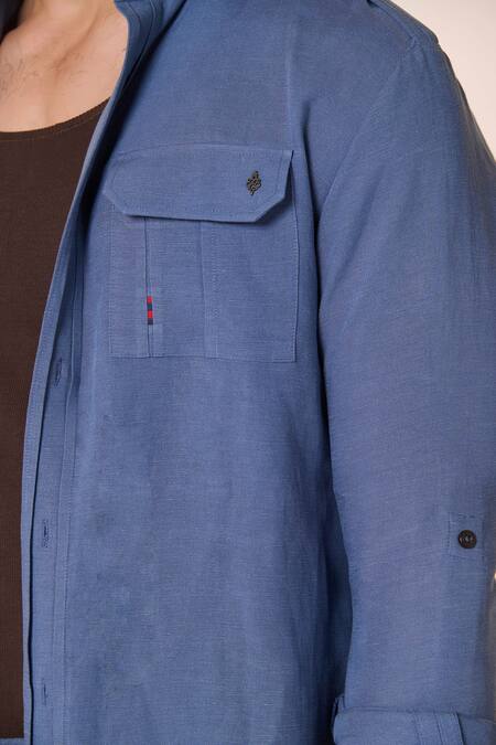 S&N By Shantnu Nikhil Blue Linen, Rayon Embroidery Flap Pocket Shirt Online at Aza Fashions S&N By Shantnu Nikhil_Blue Linen, Rayon Embroidery Flap Pocket Shirt_Online_at_Aza_Fashions