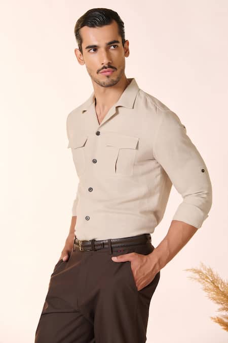Shop S&N By Shantnu Nikhil Beige Linen, Rayon Flap Pocket Solid Shirt Online at Aza Fashions Shop_S&N By Shantnu Nikhil_Beige Linen, Rayon Flap Pocket Solid Shirt_Online_at_Aza_Fashions