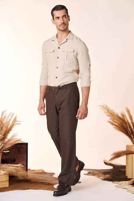 S&N By Shantnu Nikhil Beige Linen, Rayon Flap Pocket Solid Shirt at Aza Fashions S&N By Shantnu Nikhil_Beige Linen, Rayon Flap Pocket Solid Shirt_at_Aza_Fashions