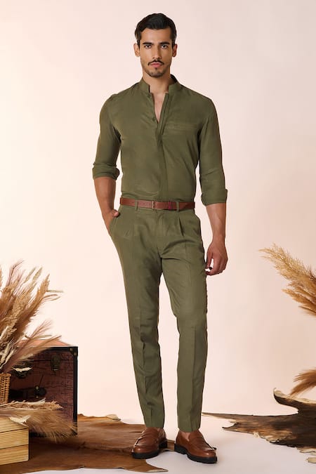 S&N by Shantnu Nikhil Green Lyocell Solid Mandarin Collar Shirt 