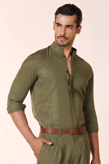 S&N By Shantnu Nikhil Green Lycra Solid Mandarin Collar Shirt Online at Aza Fashions S&N By Shantnu Nikhil_Green Lycra Solid Mandarin Collar Shirt_Online_at_Aza_Fashions