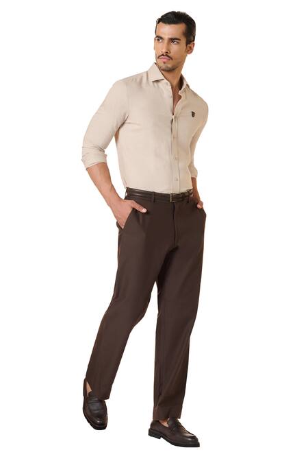 S&N By Shantnu Nikhil_Beige Linen, Rayon Embroidery Embellished Crest Shirt_Online_at_Aza_Fashions