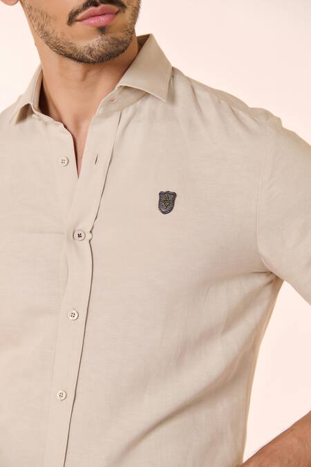 Buy_S&N By Shantnu Nikhil_Beige Linen, Rayon Embroidery Embellished Crest Shirt_Online_at_Aza_Fashions
