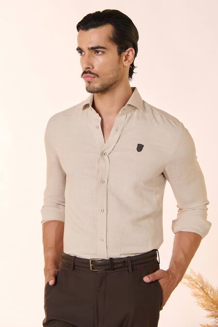 Shop_S&N By Shantnu Nikhil_Beige Linen, Rayon Embroidery Embellished Crest Shirt_Online_at_Aza_Fashions