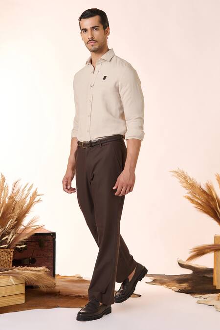 S&N By Shantnu Nikhil_Beige Linen, Rayon Embroidery Embellished Crest Shirt_at_Aza_Fashions