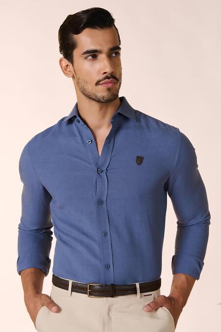 S&N By Shantnu Nikhil_Blue Linen, Rayon Embroidery Crest Embellished Pattern Shirt _Online_at_Aza_Fashions