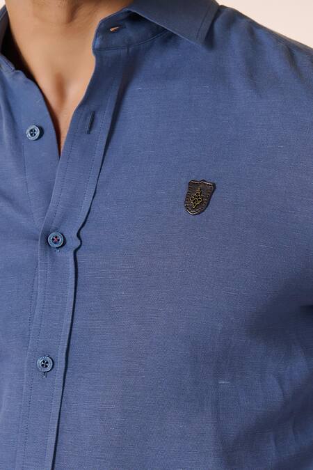 Buy_S&N By Shantnu Nikhil_Blue Linen, Rayon Embroidery Crest Embellished Pattern Shirt _Online_at_Aza_Fashions